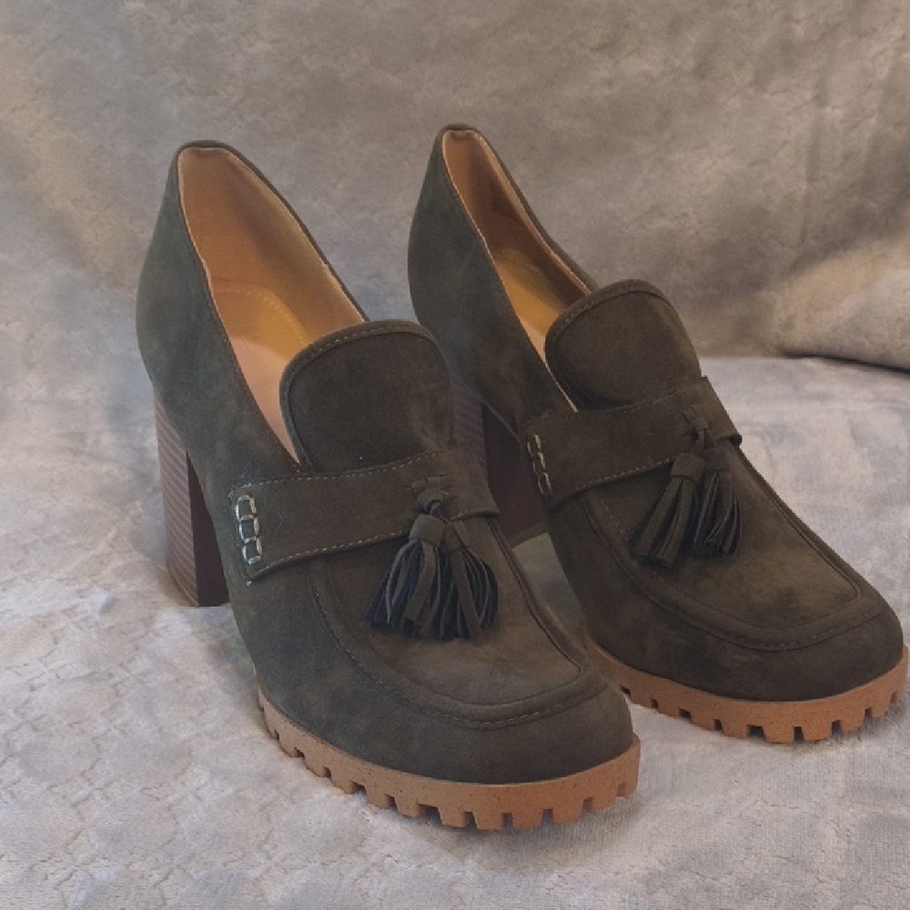 Army Green Women's Chunky Hi Heeled Loafers